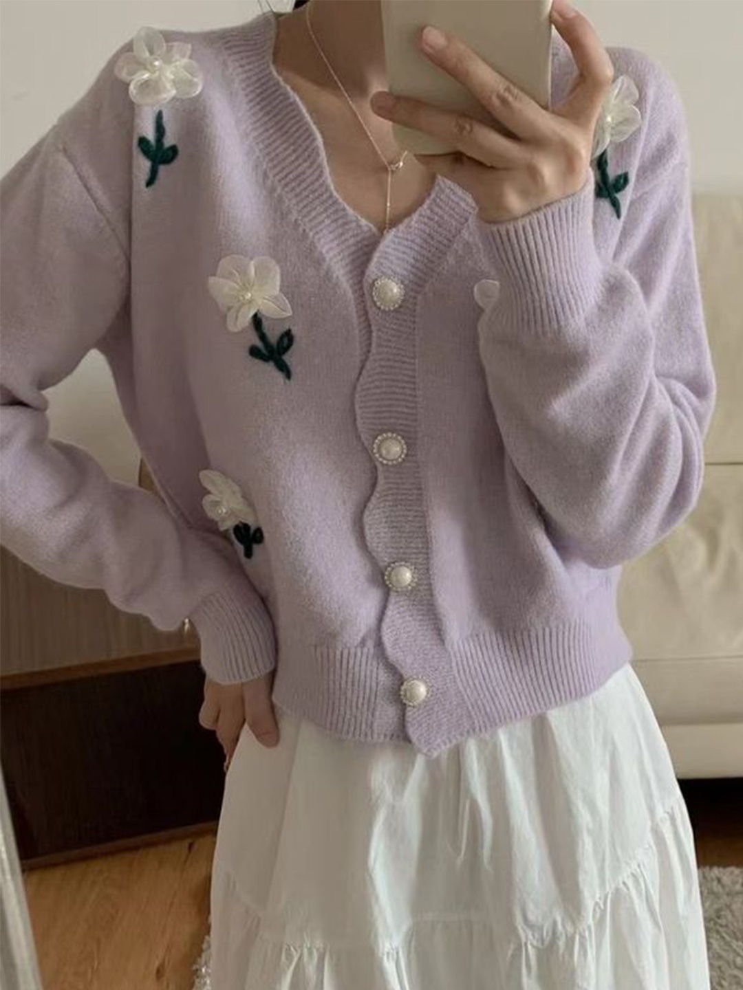 

LULU & SKY Women Embroidered V-Neck Cardigan Sweaters With Applique Details, Purple