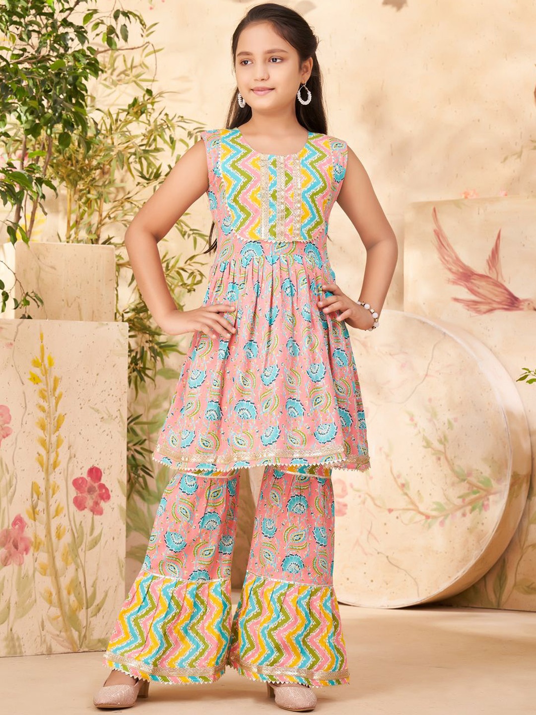 

Sangria Girls Floral Printed Pure Cotton A-Line Kurta with Sharara, Peach