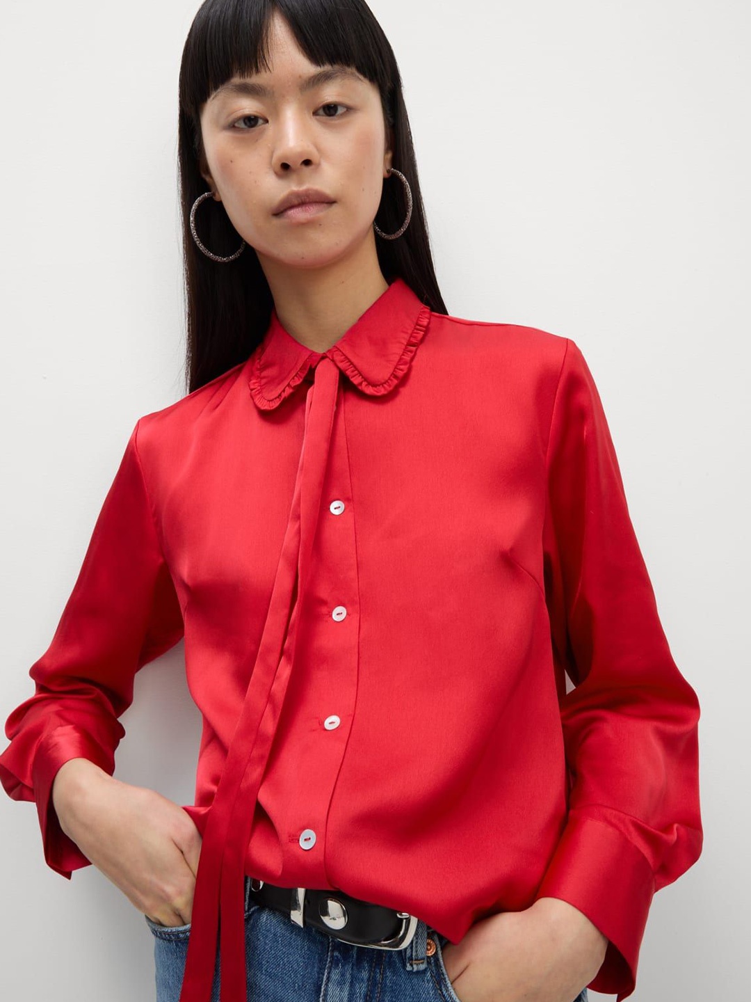 

Marks & Spencer Women Opaque Solid Frill Satin Casual Shirt, Red