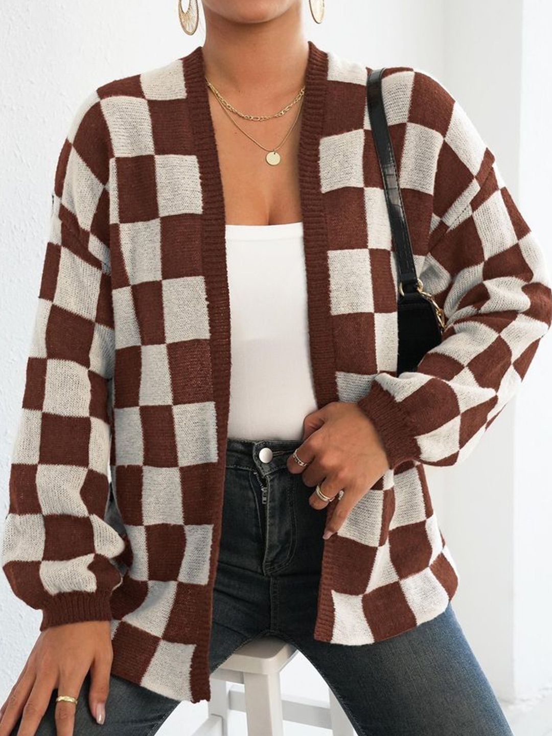 

LULU & SKY Women Checked Shawl Collar Sweater, Coffee brown