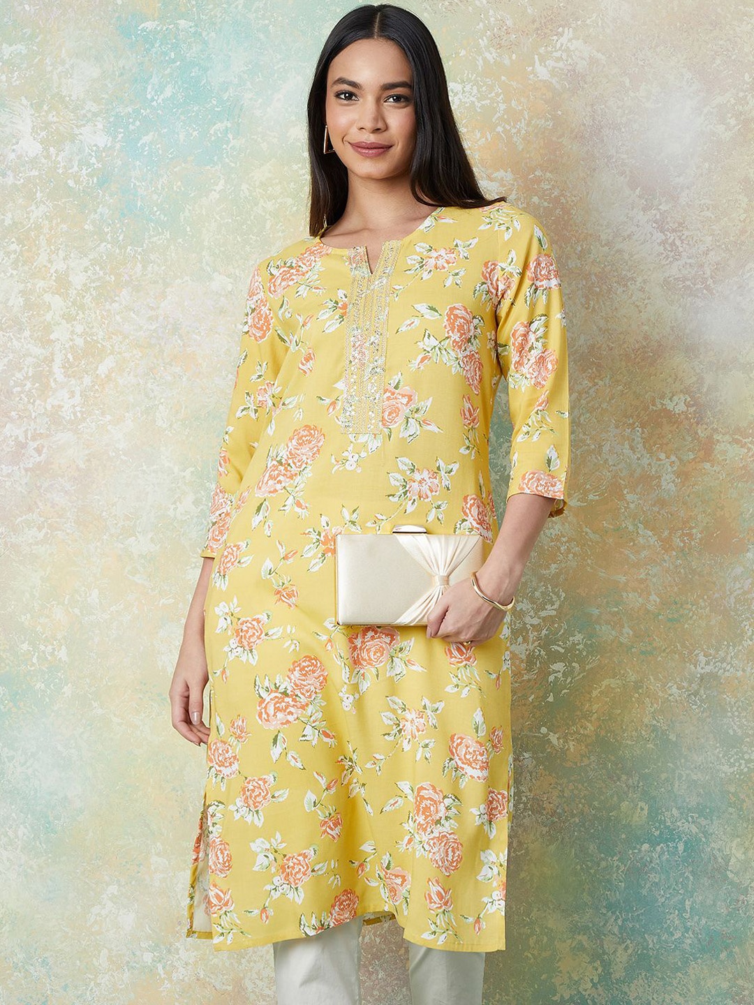 

Melange by Lifestyle Floral Printed Sequinned Straight Kurta, Yellow