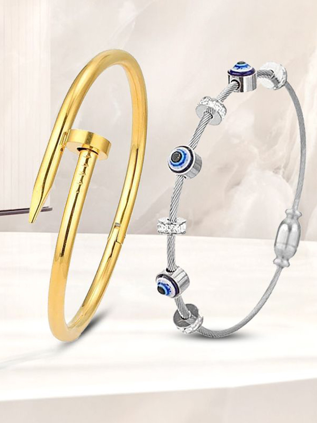 

DIVASTRI Set Of 2 Stainless Steel American Diamond Studded Kada Bracelets, Gold
