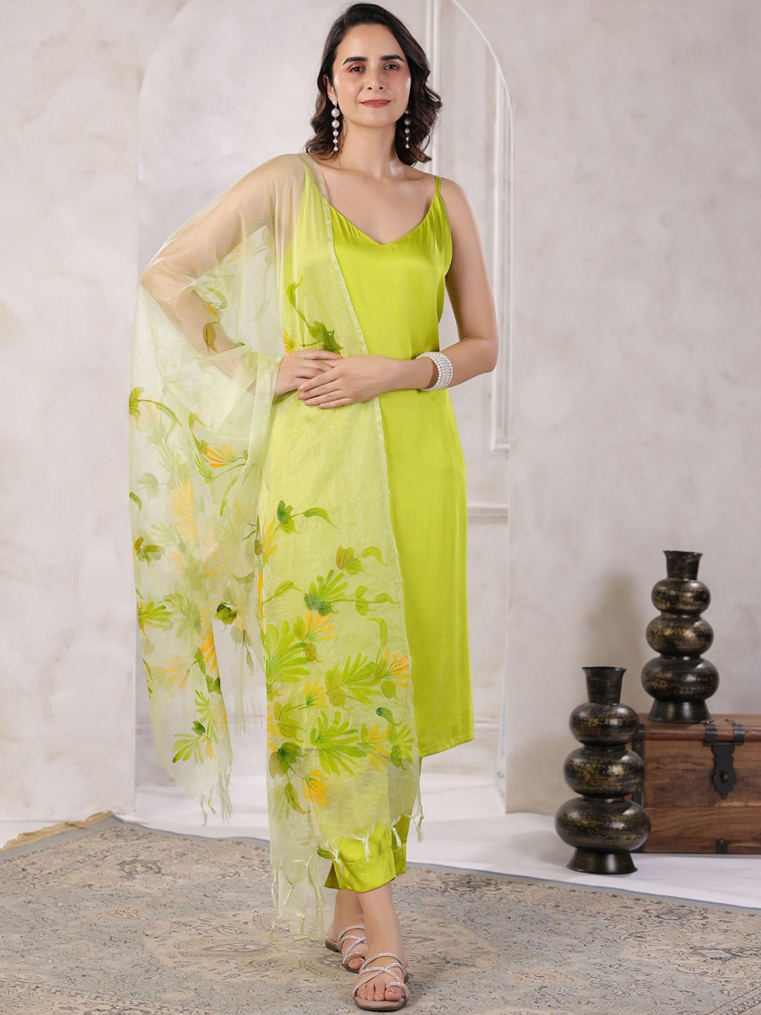 

Geroo Luxe Shoulder Straps Satin Straight Kurta With Trouser & Dupatta, Green