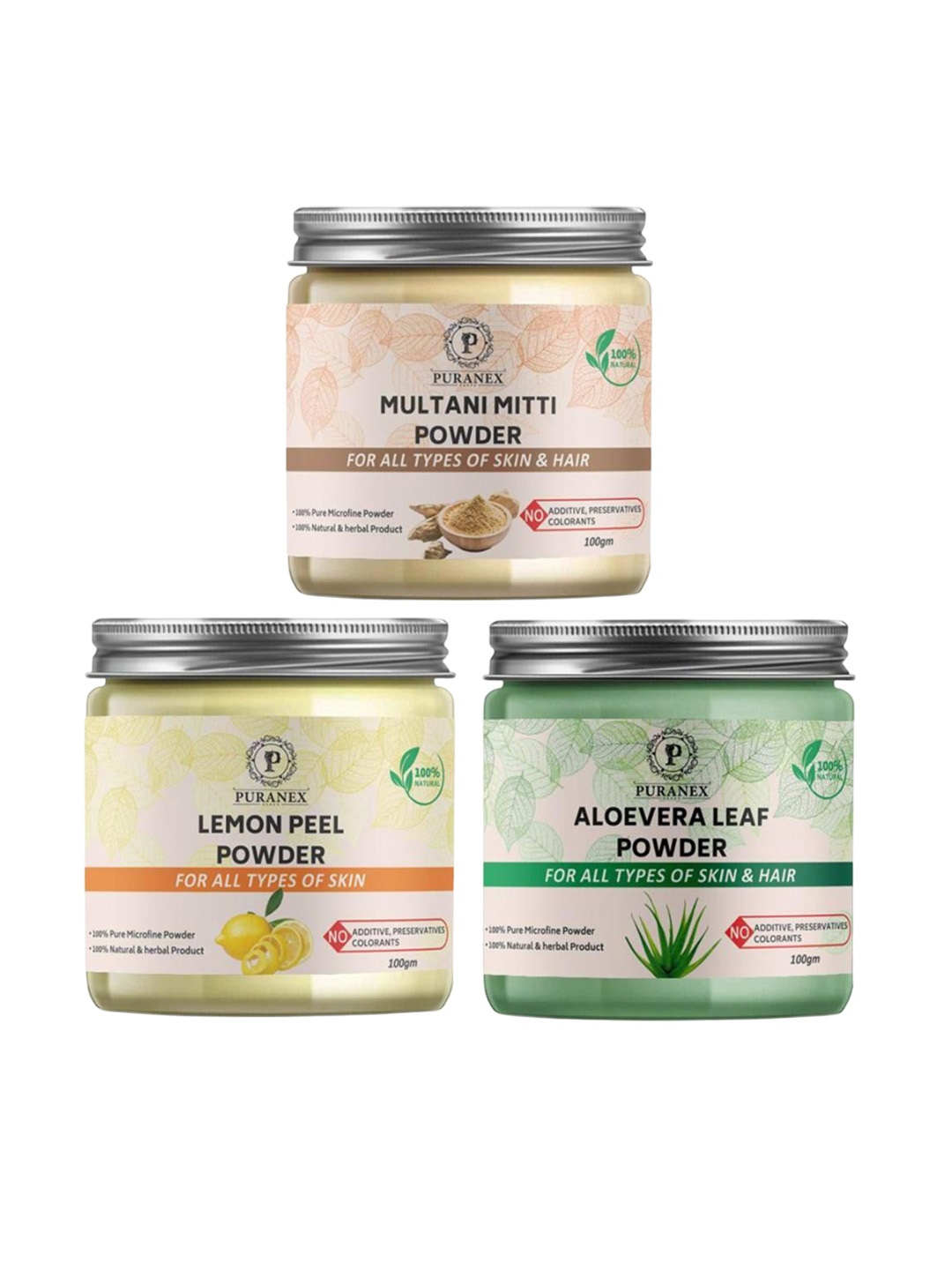 

Puranex Set Of 3 Natural Multani Mitti - Lemon Peel & Aloevera Leaf Powder - 100 g Each, White