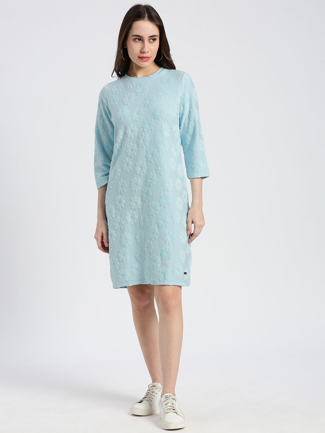 

Grit and Flair Women Round Neck Straight Sheath Dress, Blue