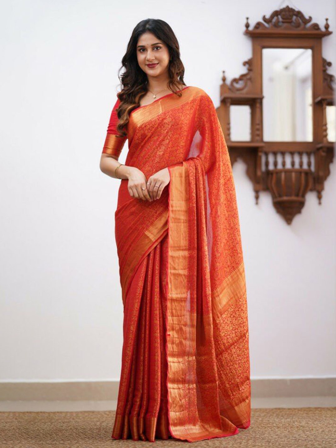 

Fashion Booms Woven Design Zari Pure Silk Banarasi Saree, Orange