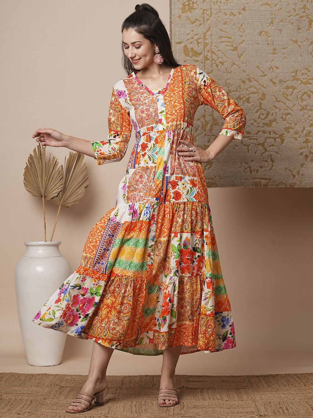 

FASHOR Women Ethnic Motifs Printed Fit and Flare Maxi Dress, Orange