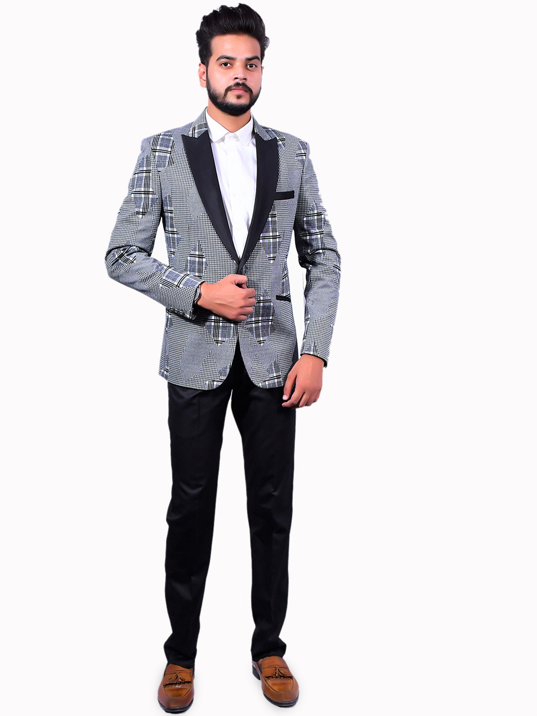 

Yaqoot Printed Slim Fit Single Breasted Tuxedo Blazer, Grey