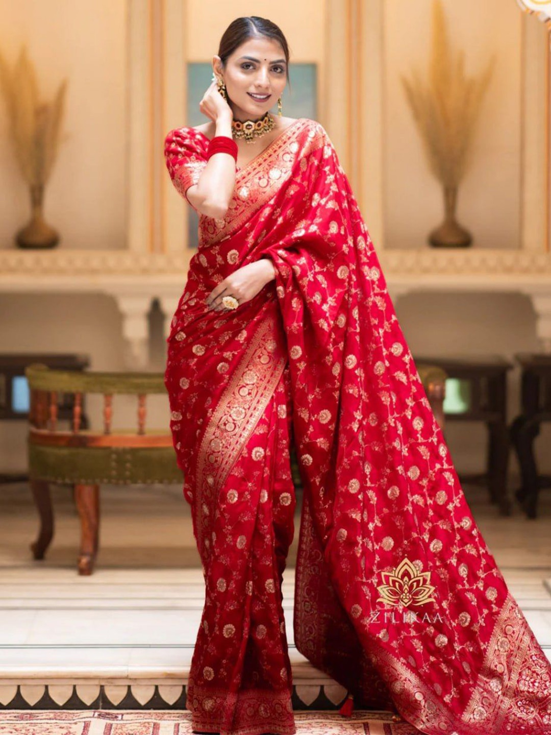 

Fashion Booms Ethnic Motifs Zari Pure Silk Banarasi Saree, Red