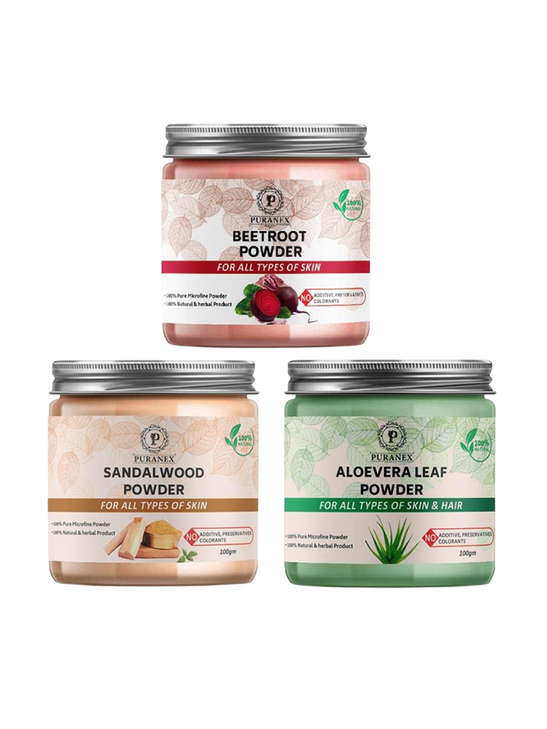 

Puranex Set Of 3 Aloevera Leaf - Sandalwood & Beetroot Powder - 100 g Each, Pink
