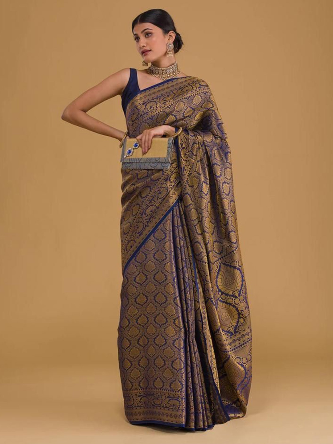 

Fashion Booms Woven Design Ethnic Motifs Zari Pure Silk Banarasi Saree, Blue