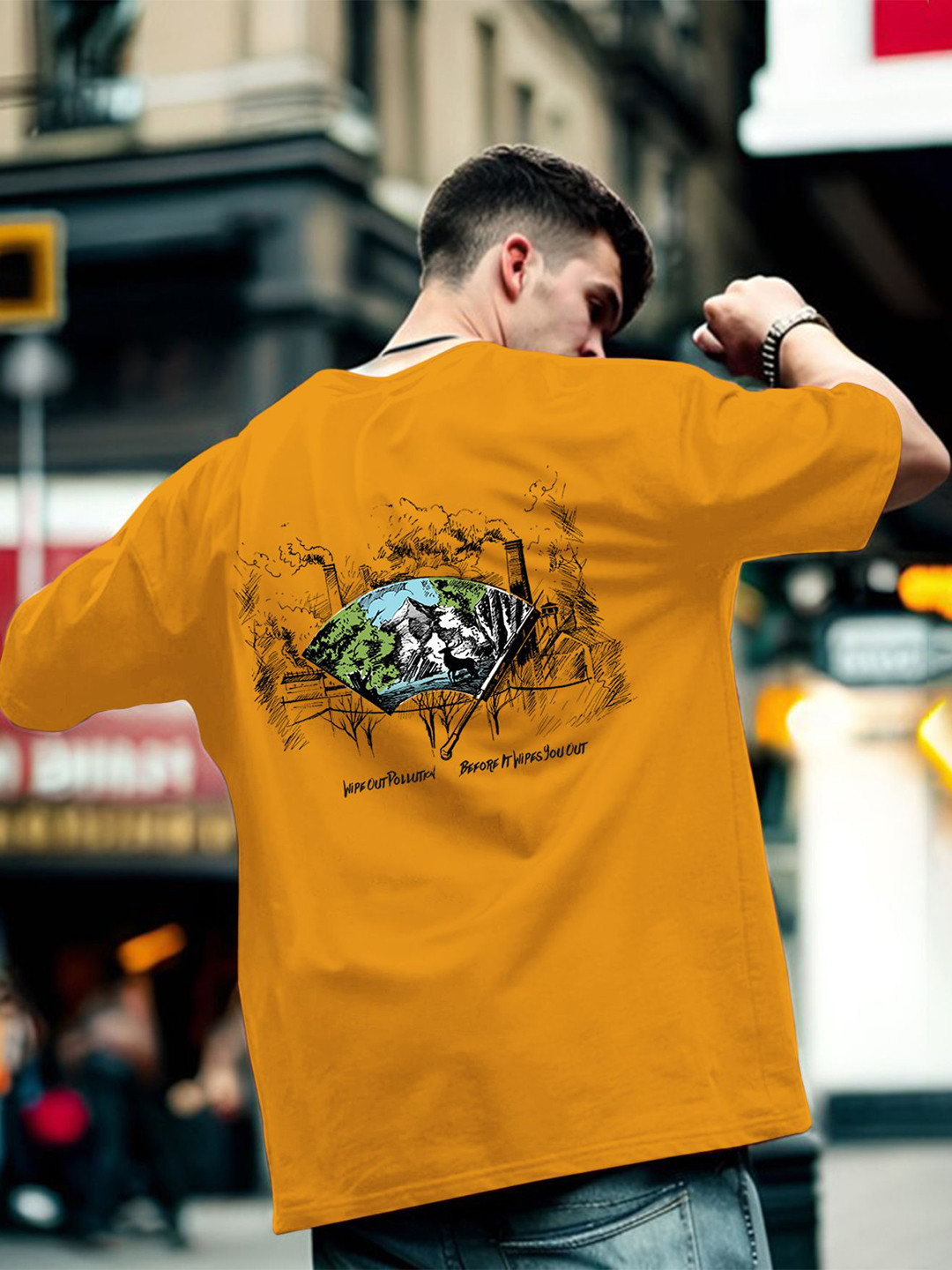 

GESPO Men Graphic Printed Round Neck Pure Cotton Oversized T-shirt, Mustard