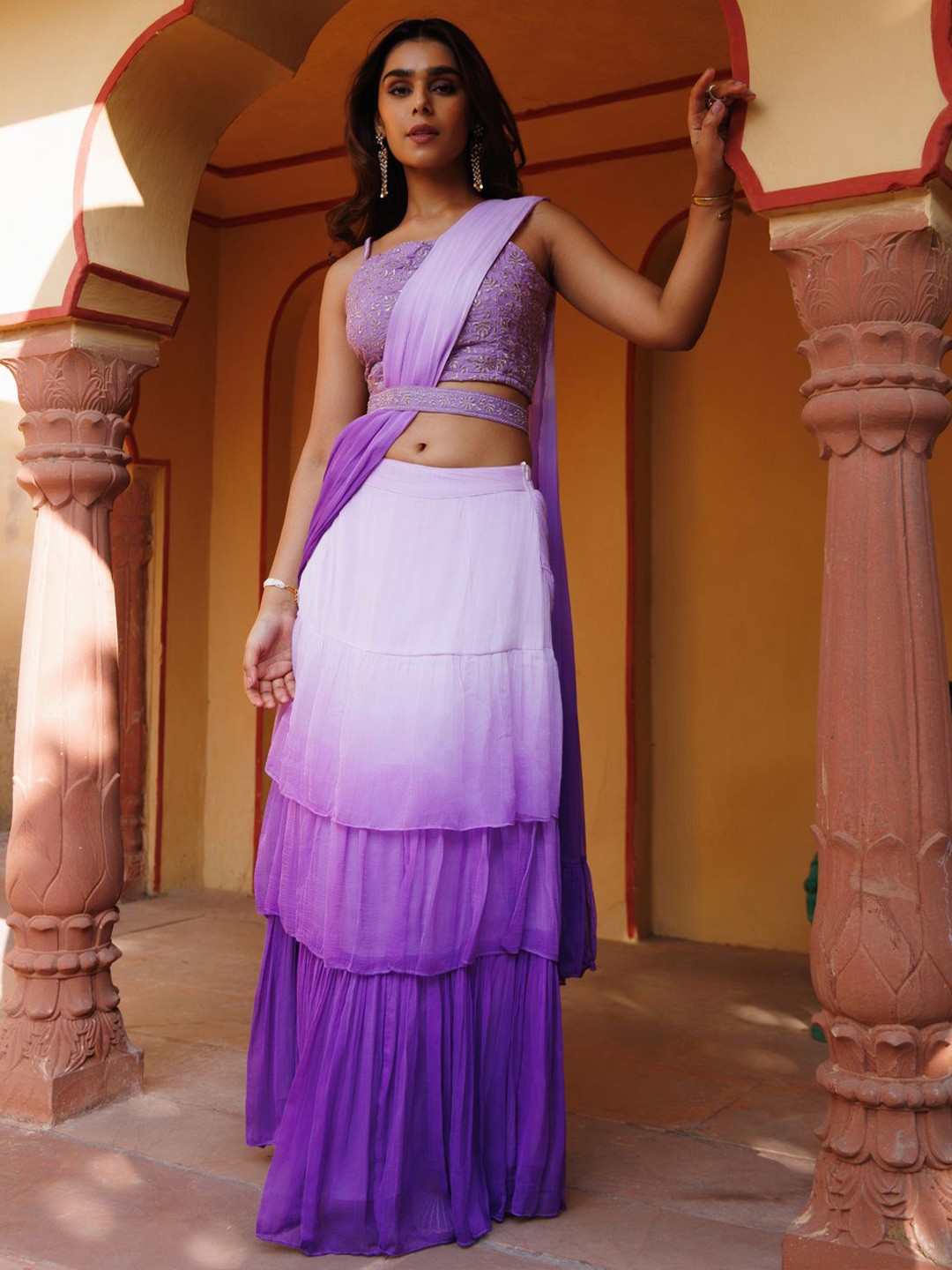 

Geroo Luxe Ombre Pure Chiffon Ready to Wear Saree, Purple