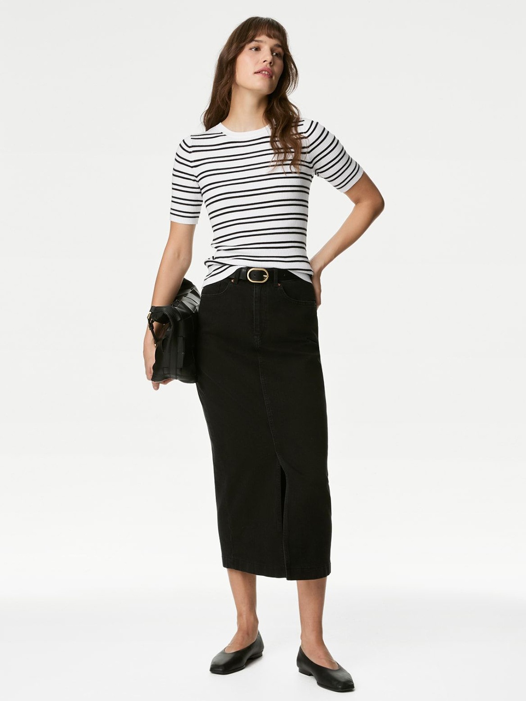 

Marks & Spencer Women Round Neck Striped Top, White