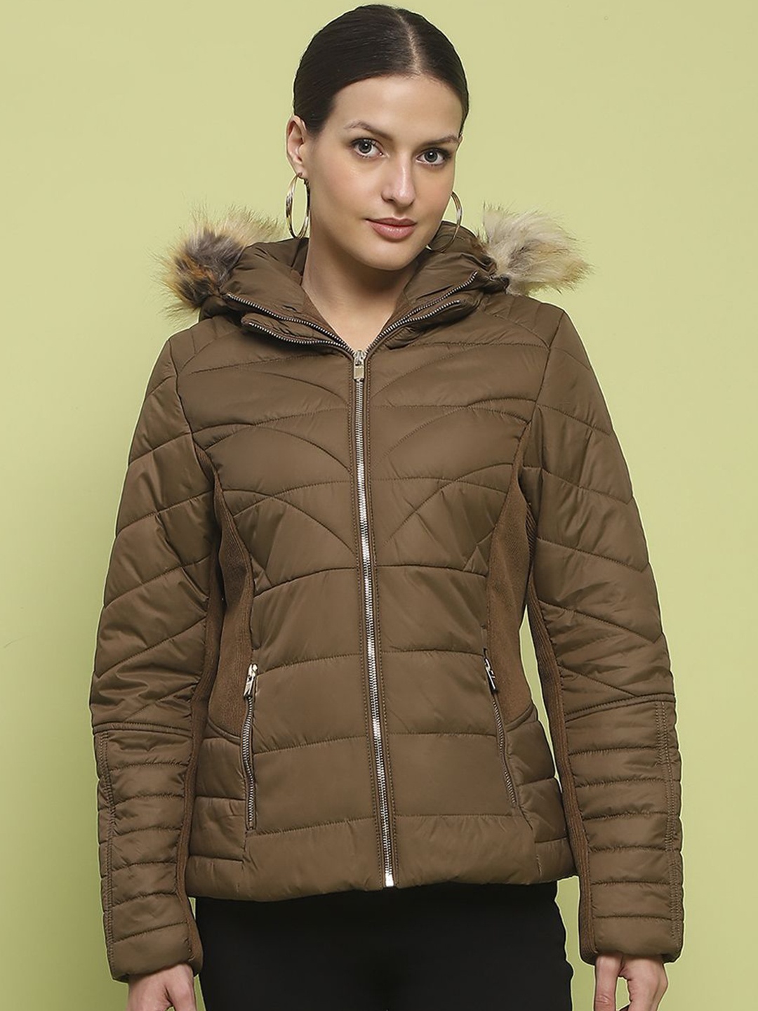 

Madame Women Solid Longline Parka Jacket, Brown
