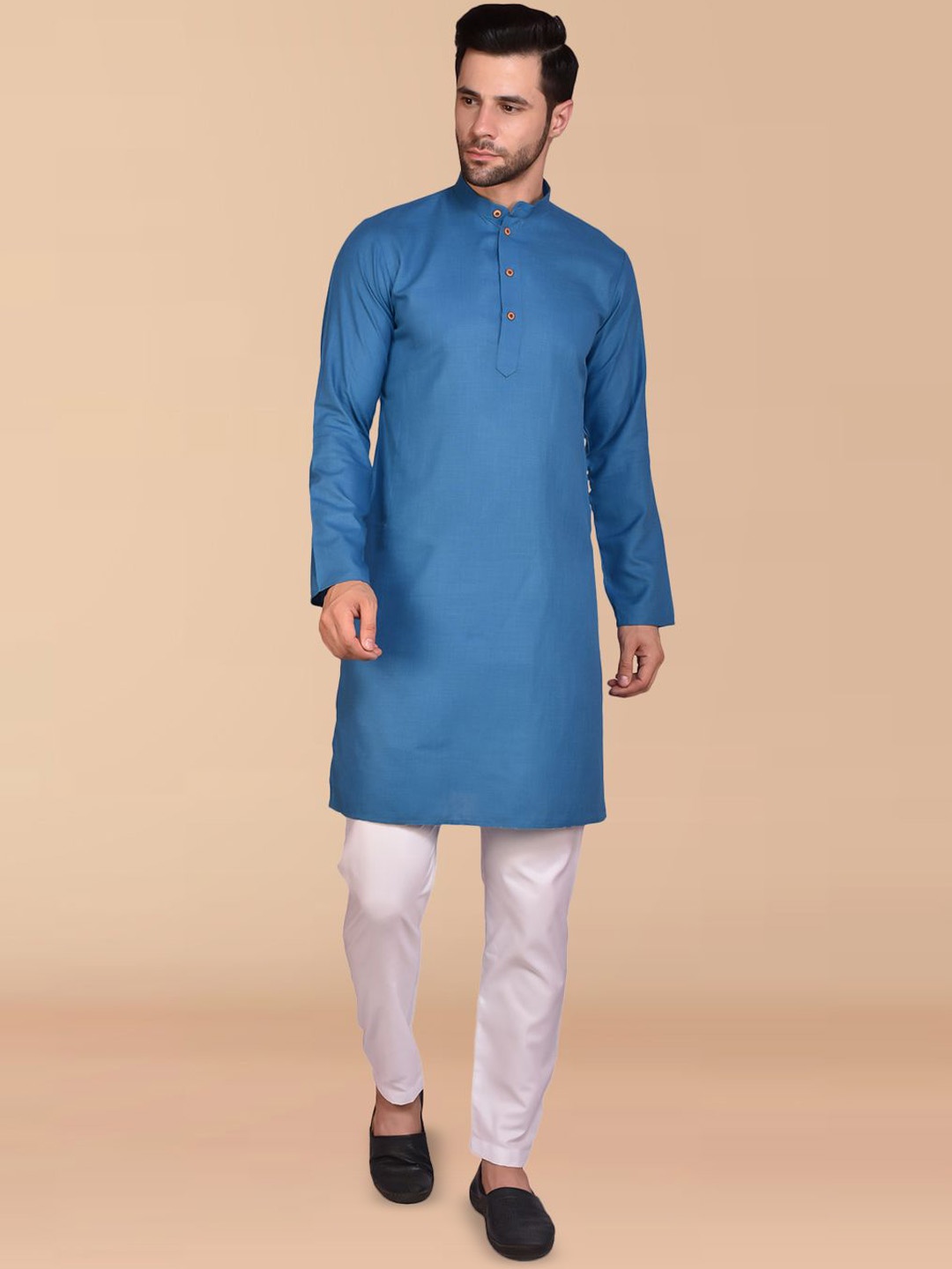 

PRINTINDIA Mandarin Collar Pure Cotton Straight Kurta with Trousers, Blue