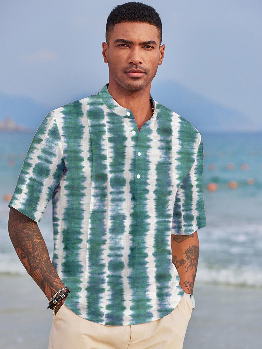 

Anouk Green Tie & Dyed Mandarin Collar Cotton A-Line Short Kurta