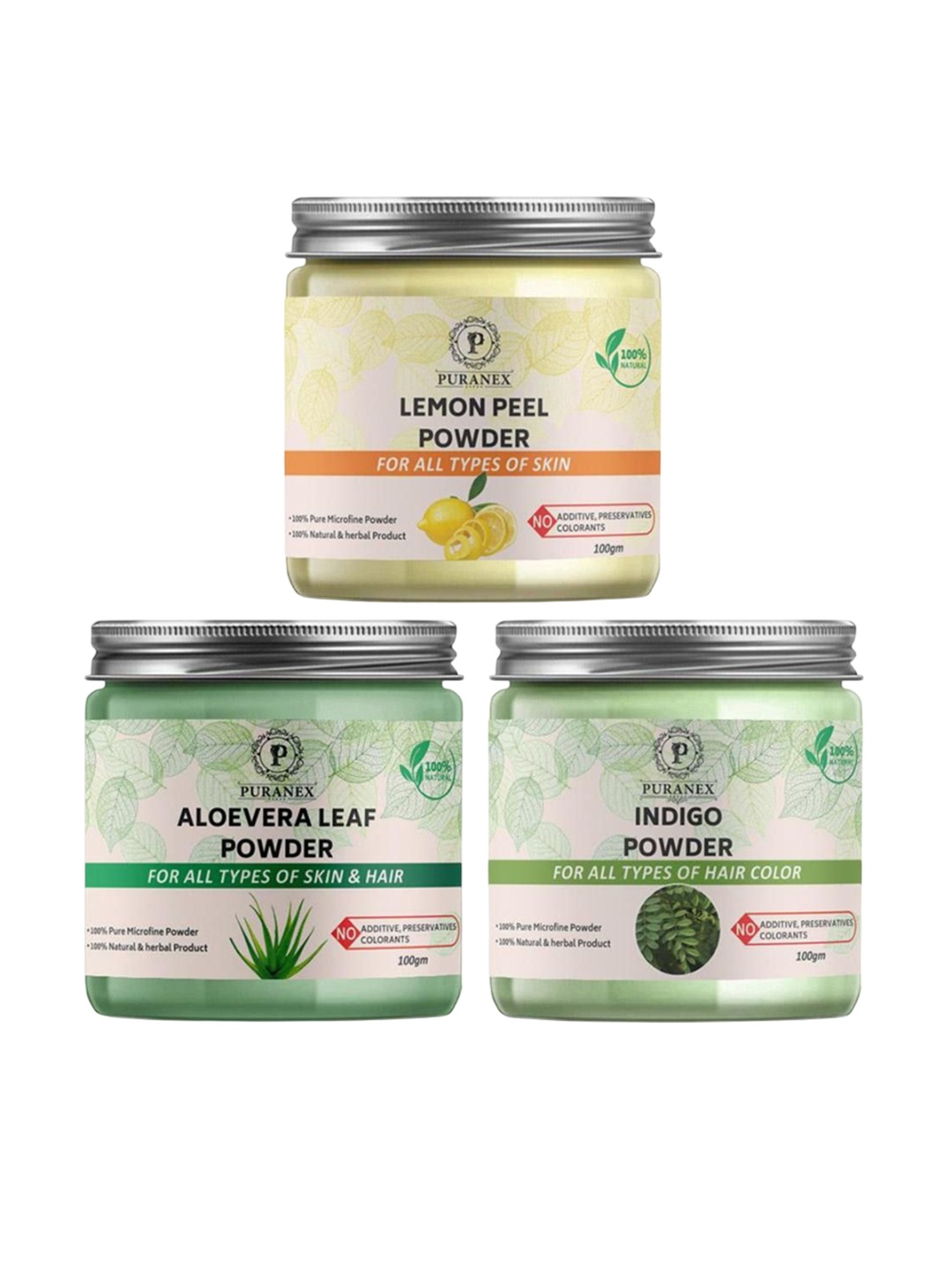 

Puranex Set Of 3 Lemon Peel Aloe Vera Leaf & Indigo Powder For Deep Cleansing - 100 g Each, White