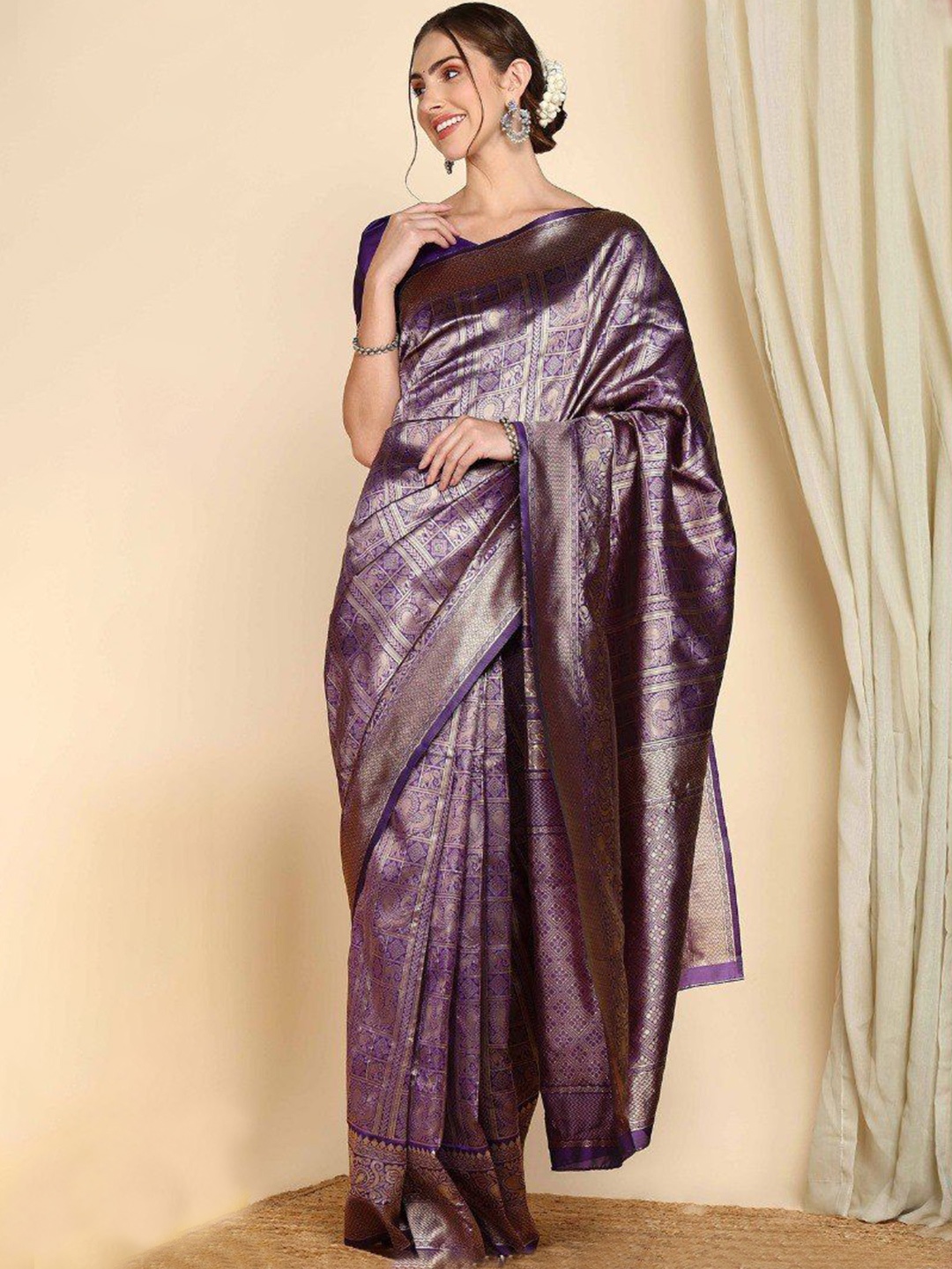 

Fashion Booms Woven Design Zari Pure Silk Banarasi Saree, Purple