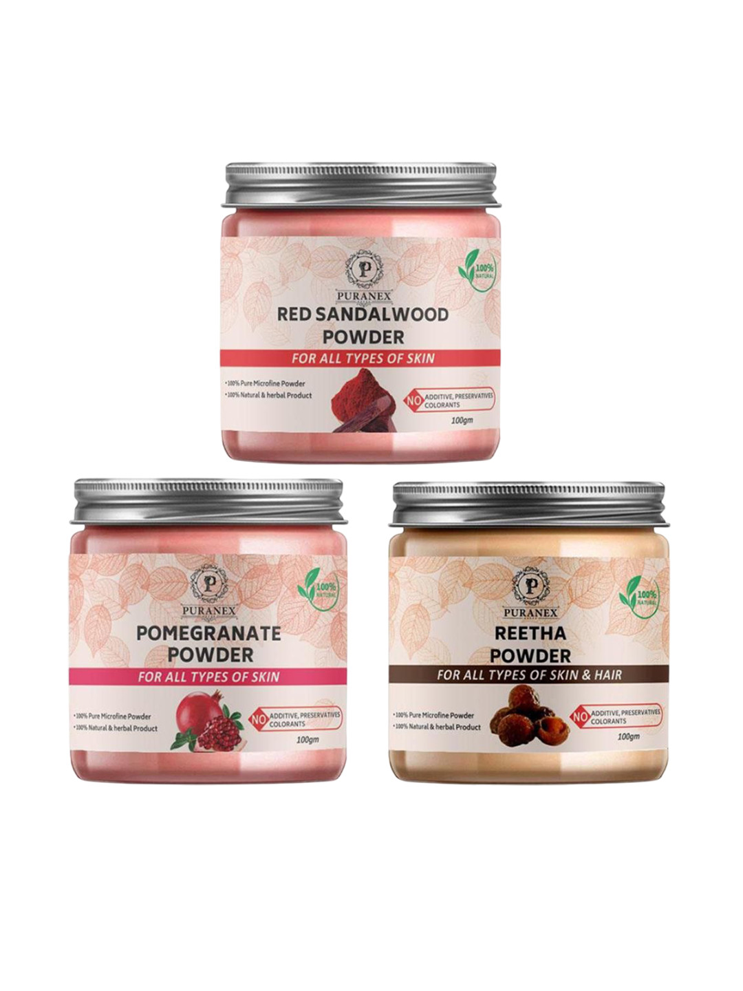 

Puranex Set Of 3 Natural & Pure Red Sandalwood - Pomegranate & Reetha Powder - 100g Each, Pink