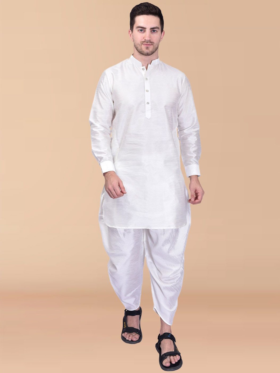 

PRINTINDIA Band Collar Pure Silk Straight Kurta with Dhoti Pants, White