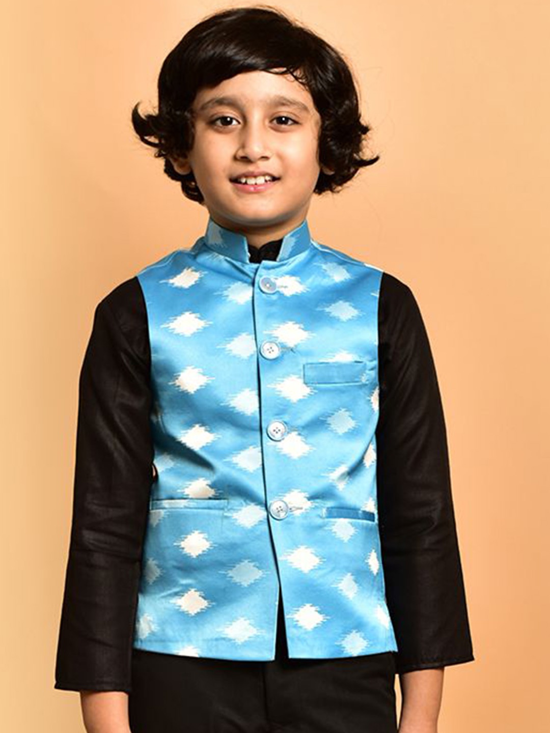 

PRINTINDIA Boys Printed Satin Nehru Jacket, Blue