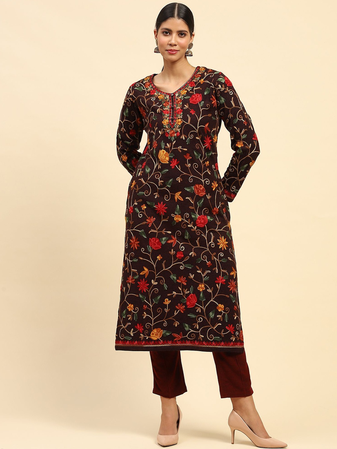 

Me&I Round Neck Floral Embroidered Thread Work Woollen Straight Kurta, Maroon