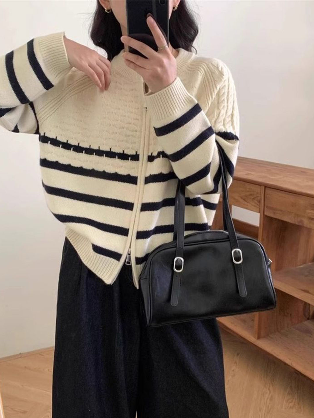

LULU & SKY Women Striped Two-way Zipper Cardigan, Off white