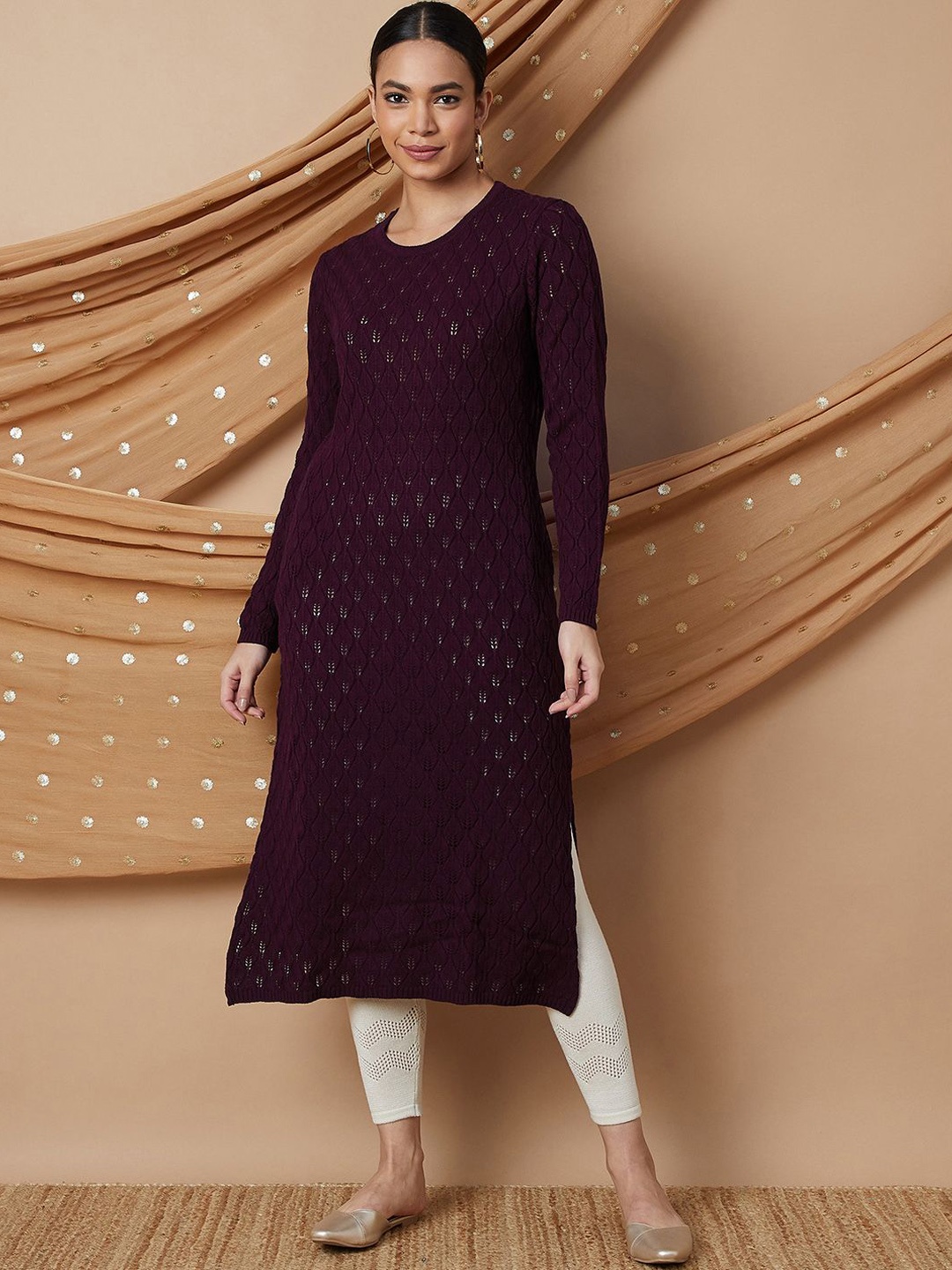 

Melange by Lifestyle Ethnic Motifs Embroidered Thread Work Acrylic Straight Kurta, Purple