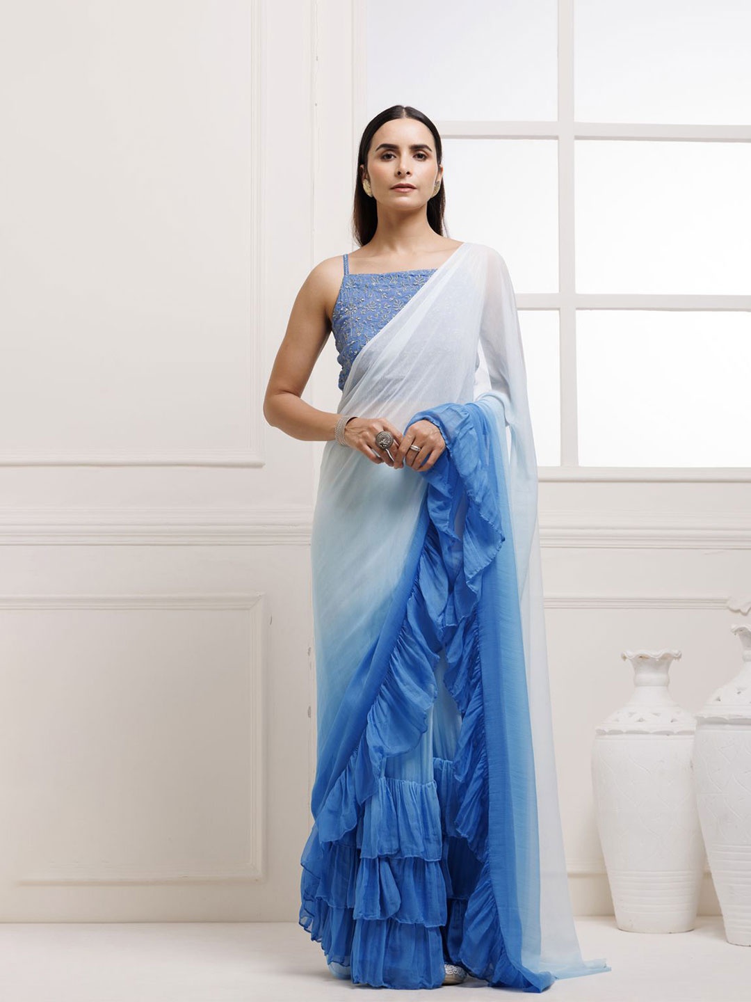 

Geroo Luxe Ombre Ruffles Ready to Wear Saree, Blue