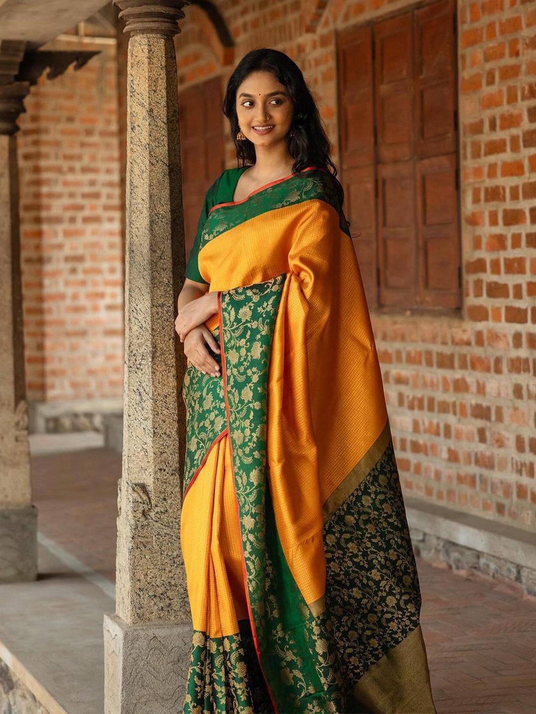 

Caracola Woven Design Zari Banarasi Saree, Yellow