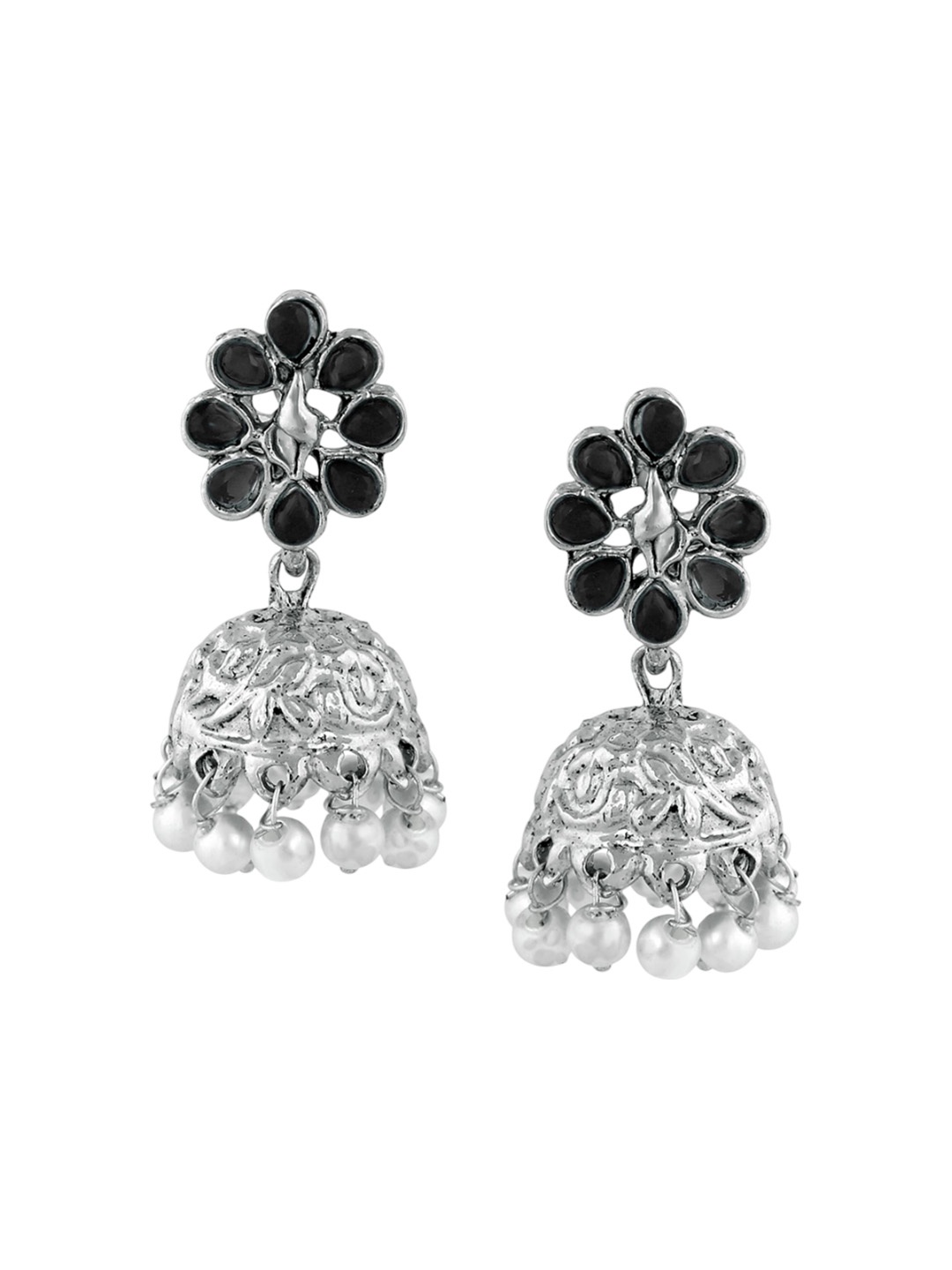 

Stefan Rhodium-Plated Kundan Studded Floral Jhumkas, Silver