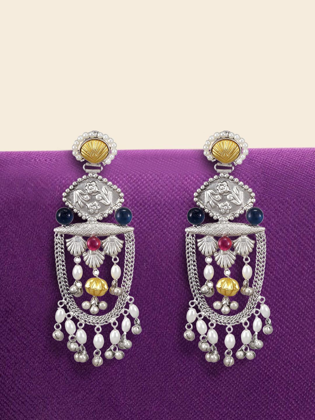 

Yinara Silver-Plated Oxidised Pearls Beaded Boho Style Drop Earrings