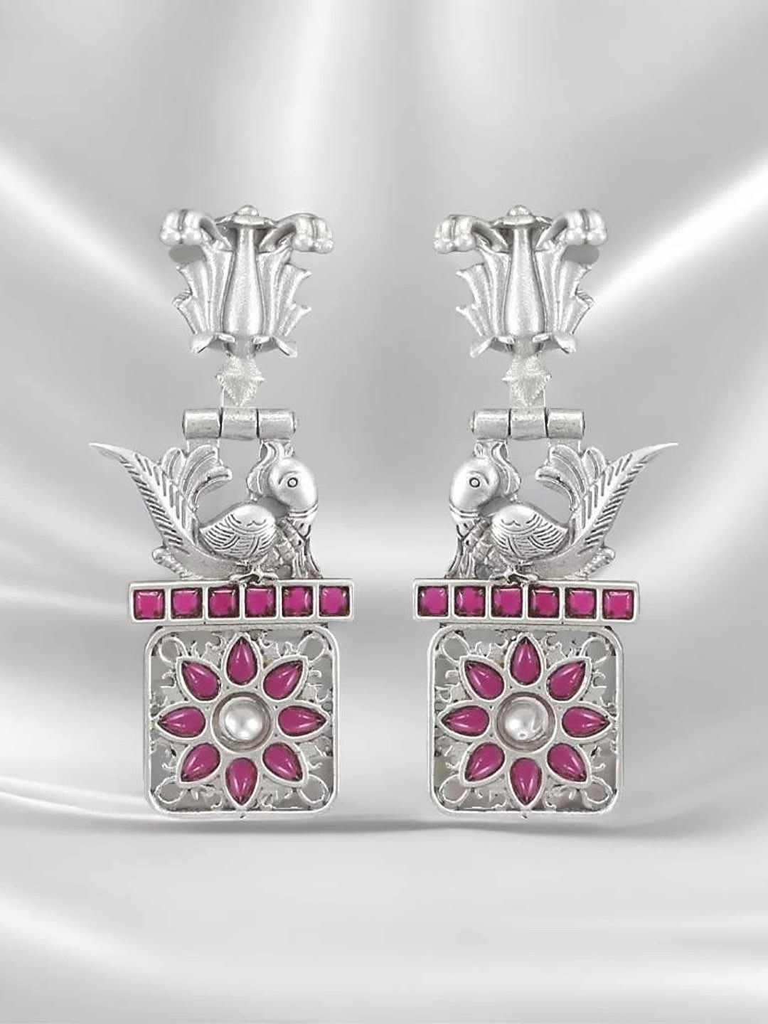 

Yinara Silver-Plated Oxidised Stone Studded Fish Design Drop Earrings