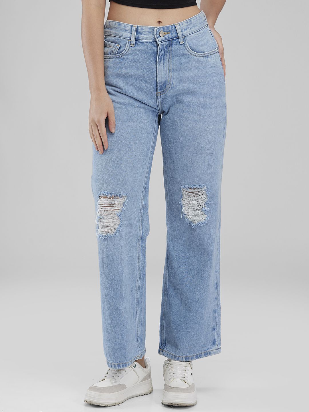 

IZEL Women Wide Leg Mildly Distressed Heavy Fade Jeans, Blue