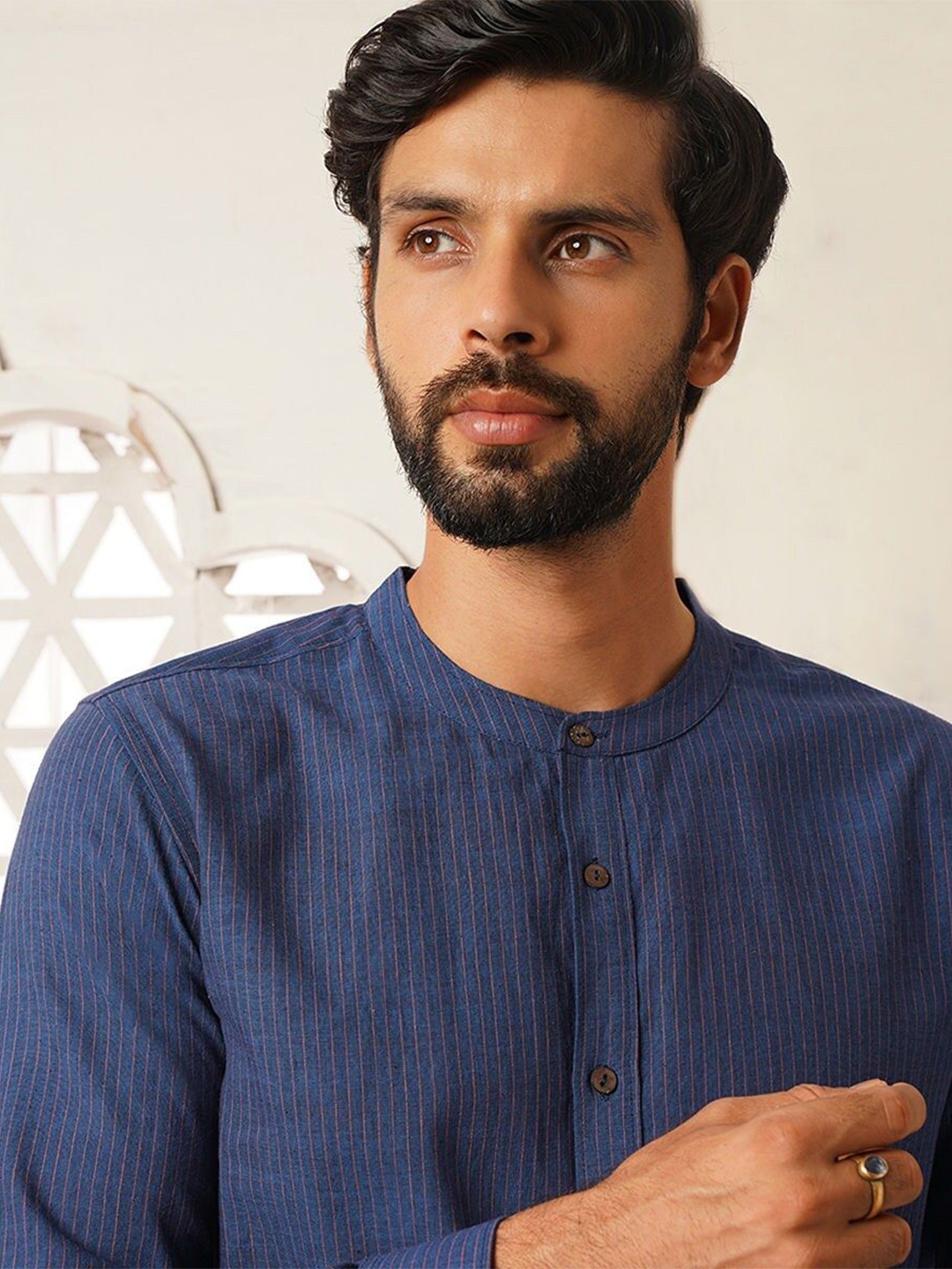 

JAYPORE Men Standard Opaque Striped Band Collar Cotton Casual Shirt, Navy blue