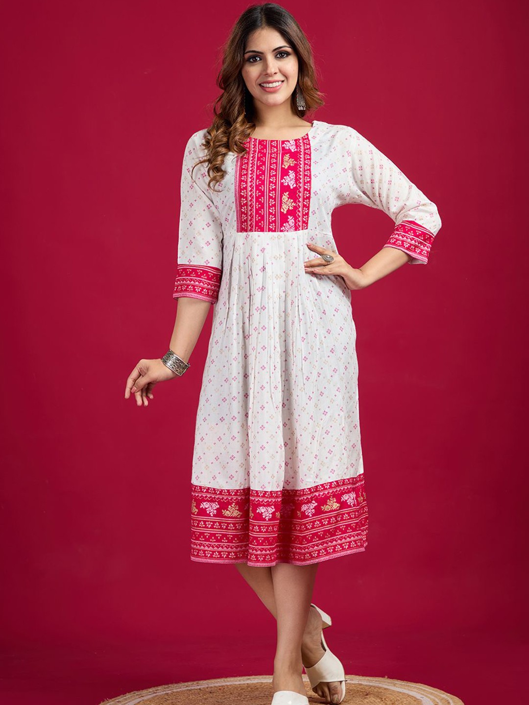 

A.V.M Prints Floral Printed Round Neck Pure Cotton A-Line Ethnic Dresses, White