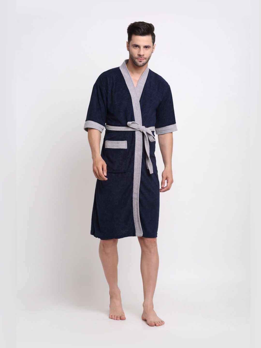 

Creeva Everyday Navy Blue & Grey Kimono Collar Bath Robe