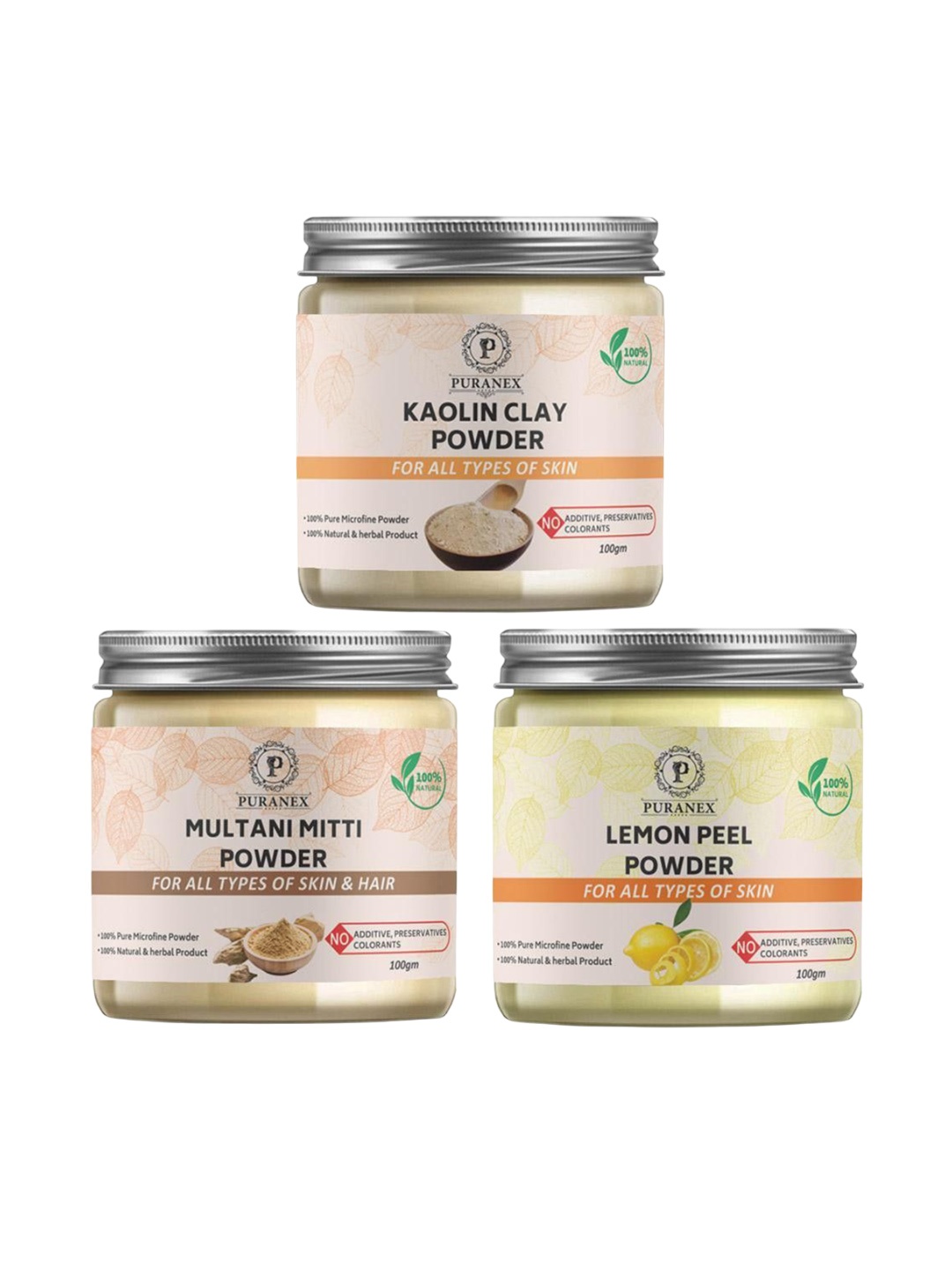 

Puranex Set Of 3 Lemon Peel, Kaolin Clay & Multani Mitti Skin & Hair Powder - 100g Each, White