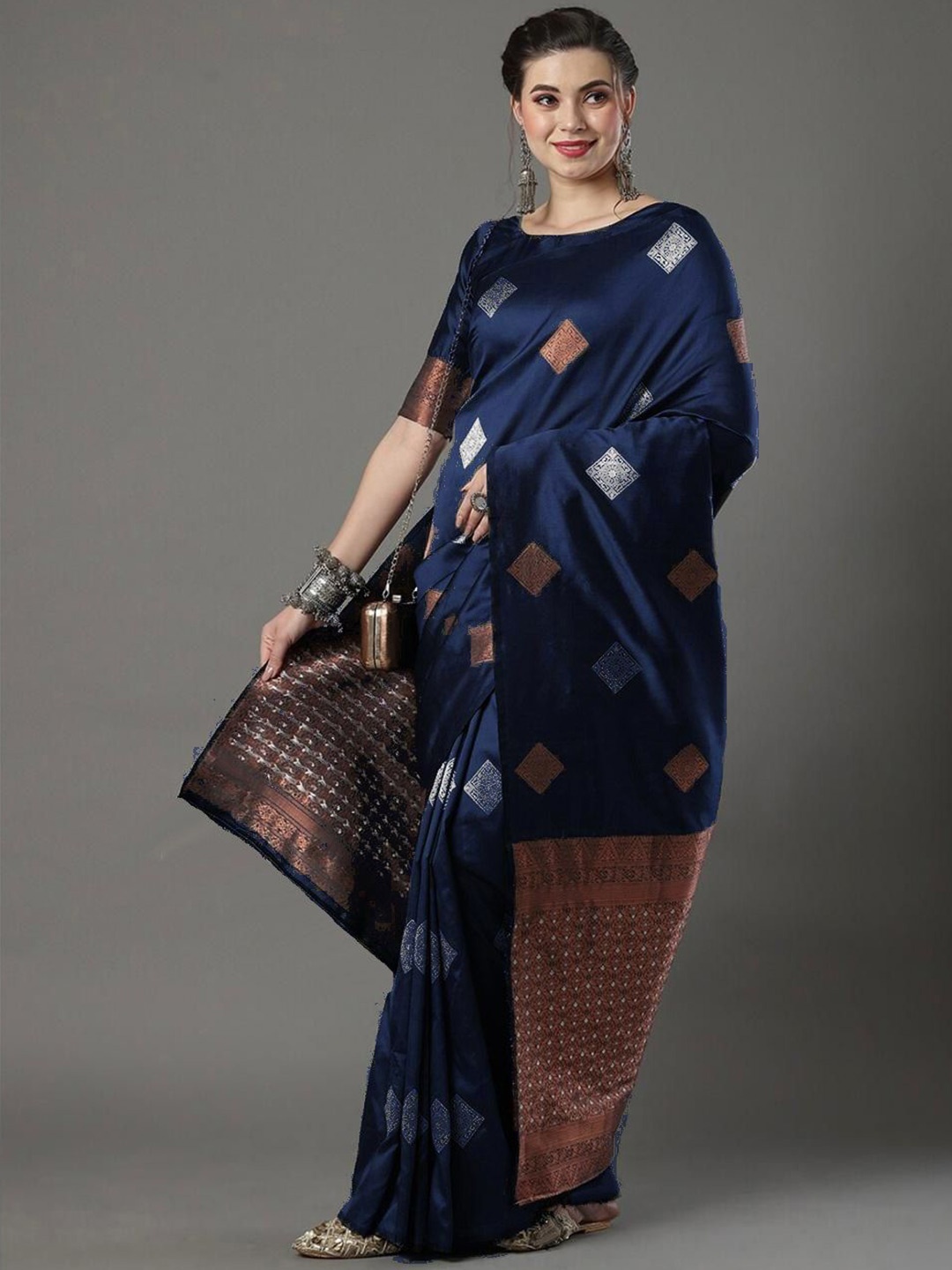 

Fashion Booms Ethnic Motifs Zari Pure Silk Banarasi Saree, Navy blue