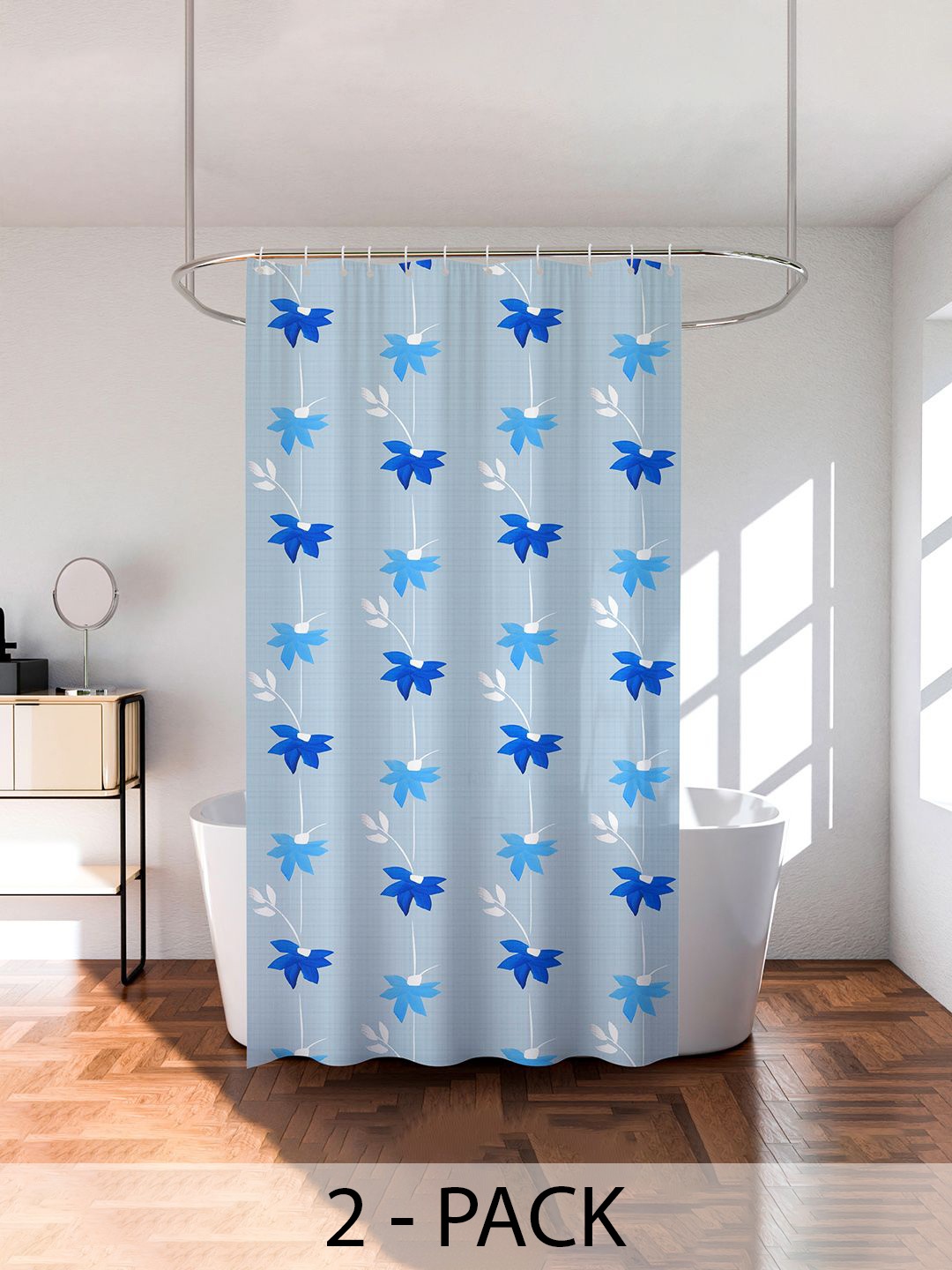 

Kuber Industries Blue & White 2 Pieces Floral Printed Shower Curtains