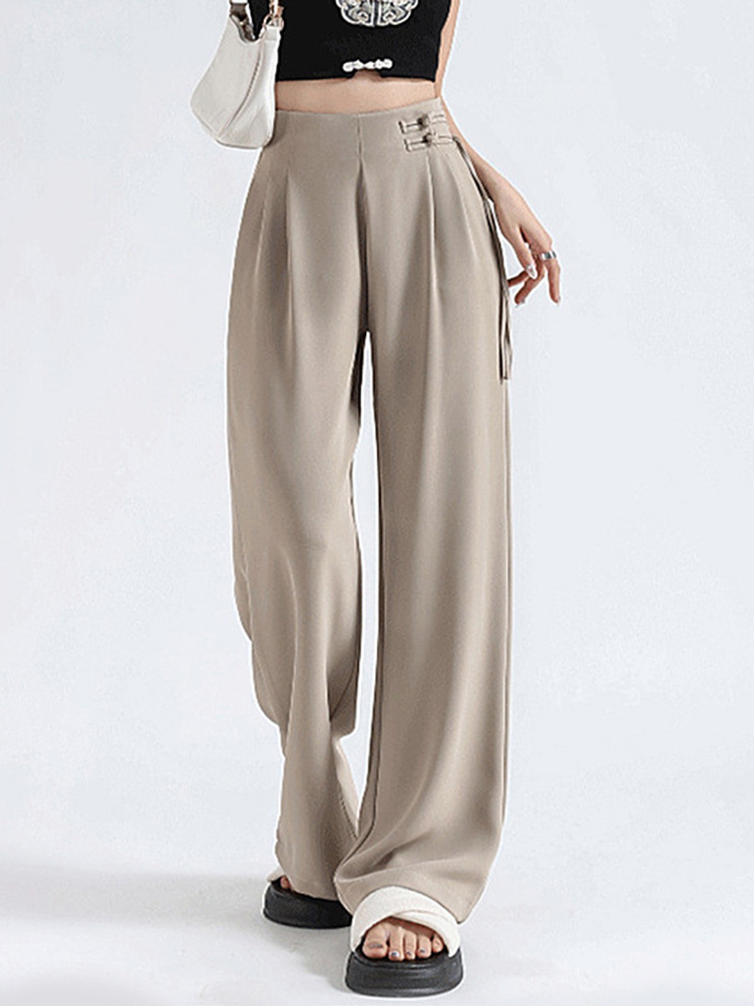 

LULU & SKY Women Loose Fit High-Rise Pleated Trousers, Khaki