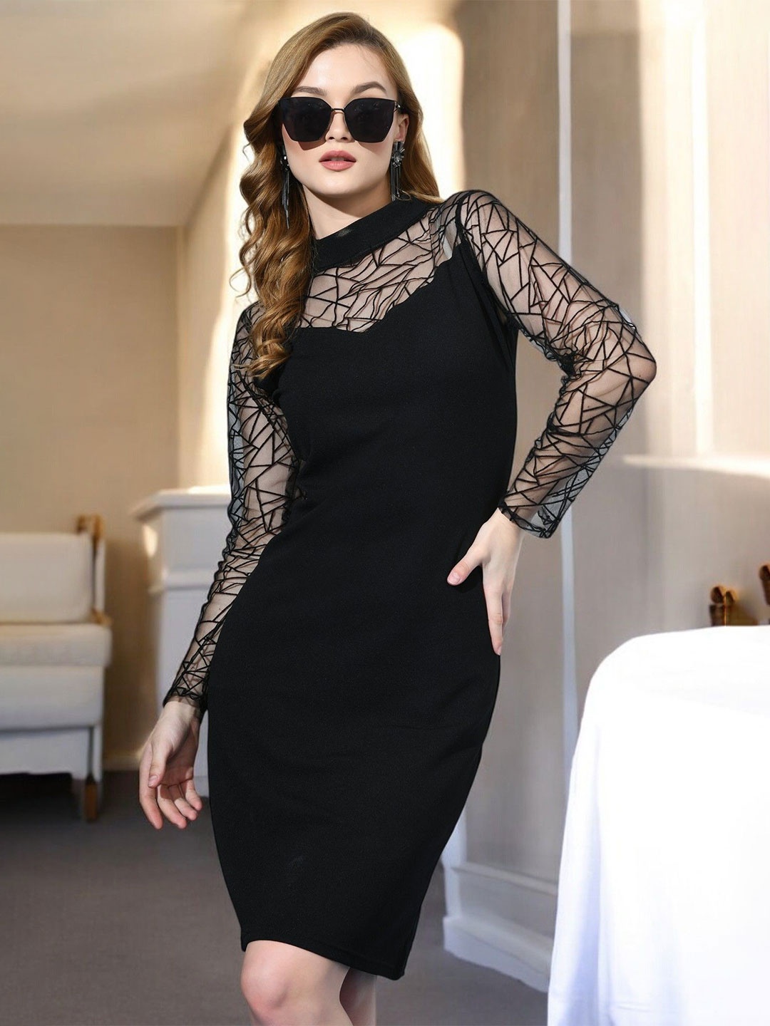 

BAESD Women Self Design Cotton Mock Neck Sheath Dress, Black