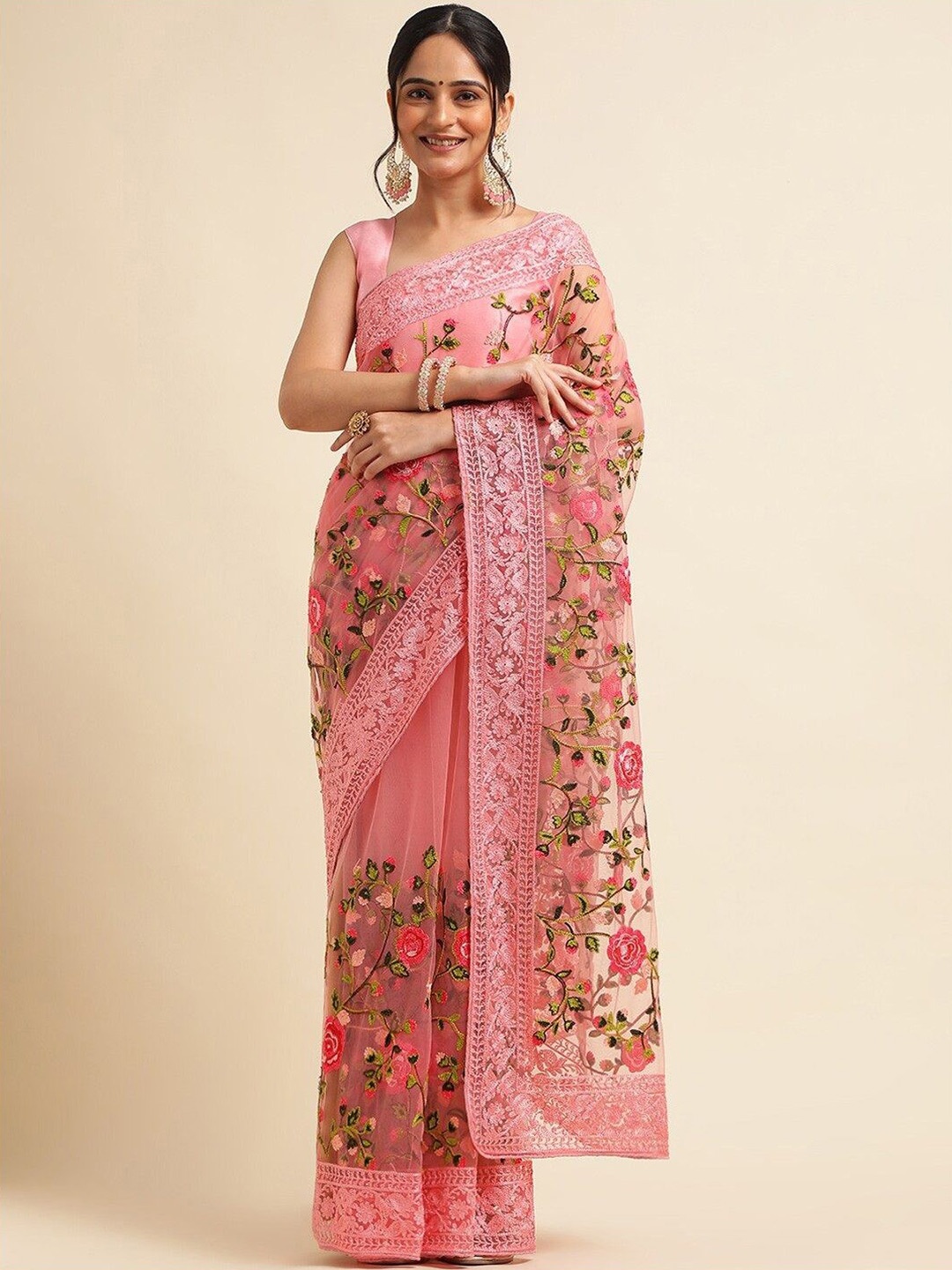

Aika Floral Embroidered Net Heavy Work Saree, Peach