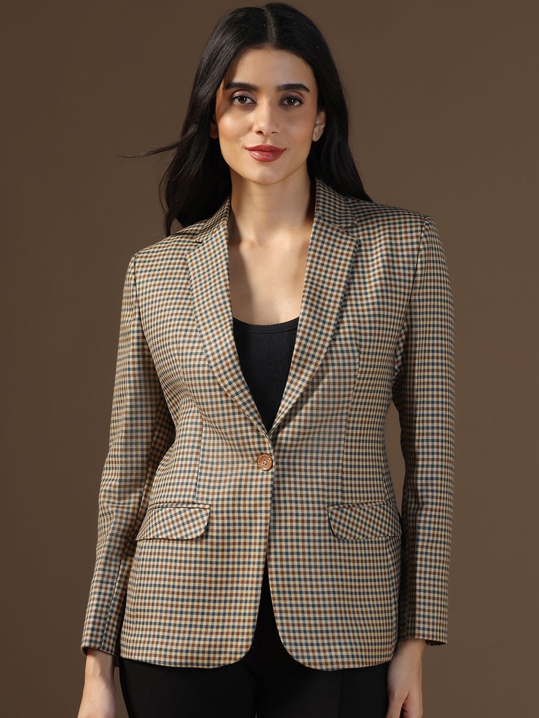 

TAHVO Checked Notched Lapel Single Breasted Formal Blazers, Brown