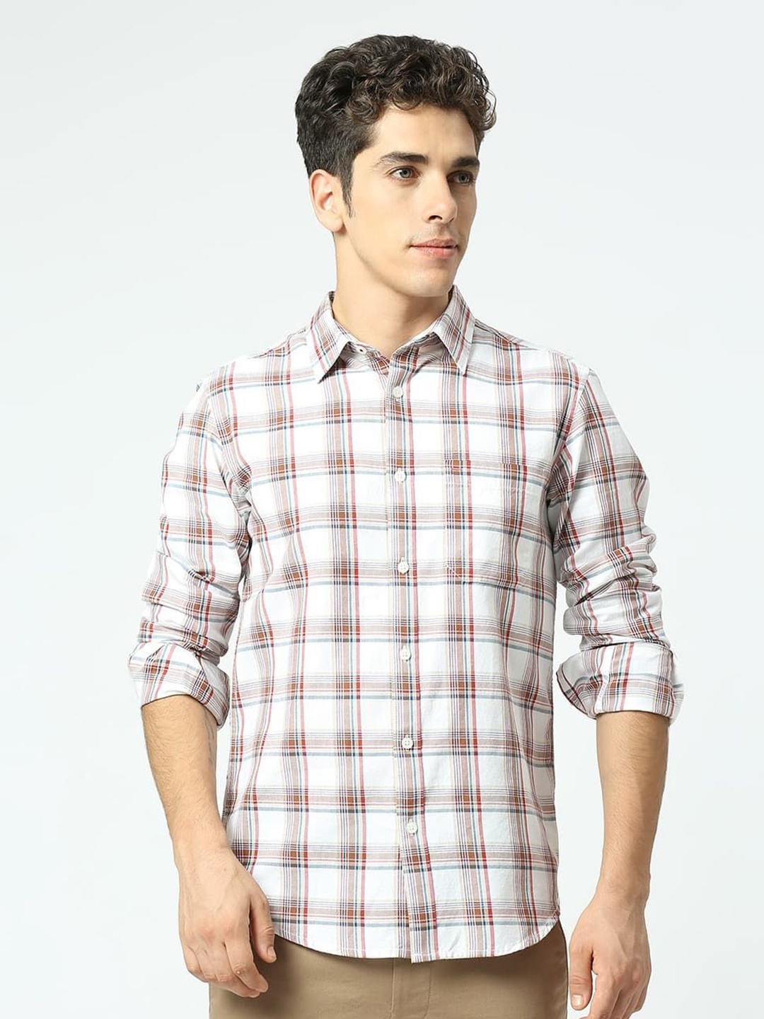 

Basics Men Slim Fit Checked Casual Pure Cotton Shirt, White