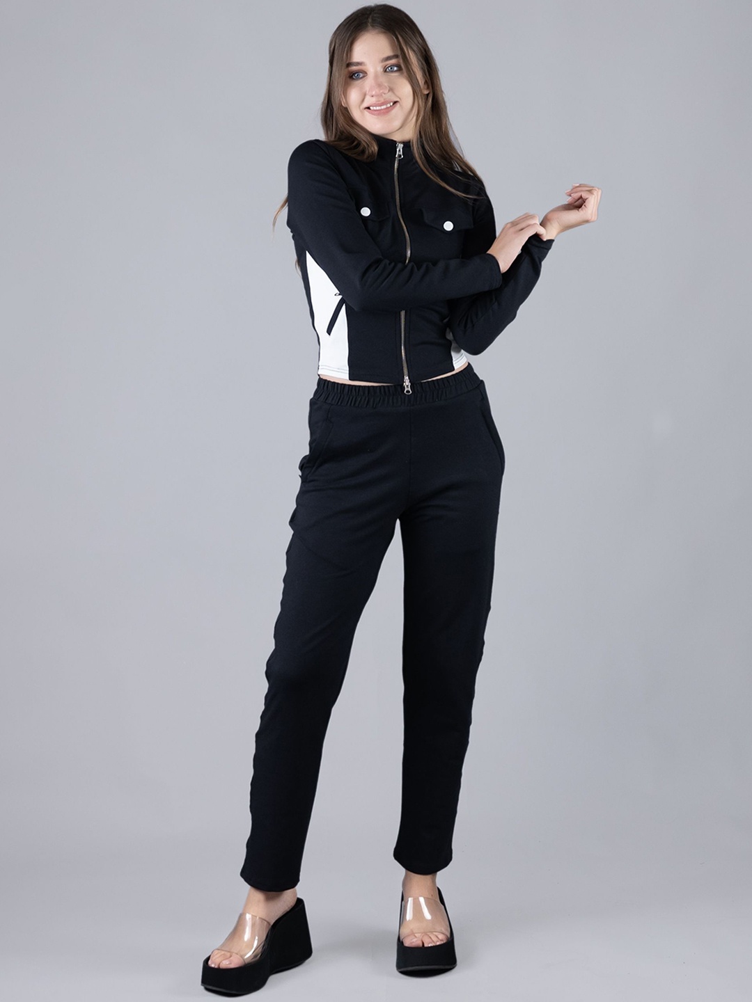 

Keepfit Colourblocked Mock Collar long sleeves Jacket With Trousers Co-Ords, Black