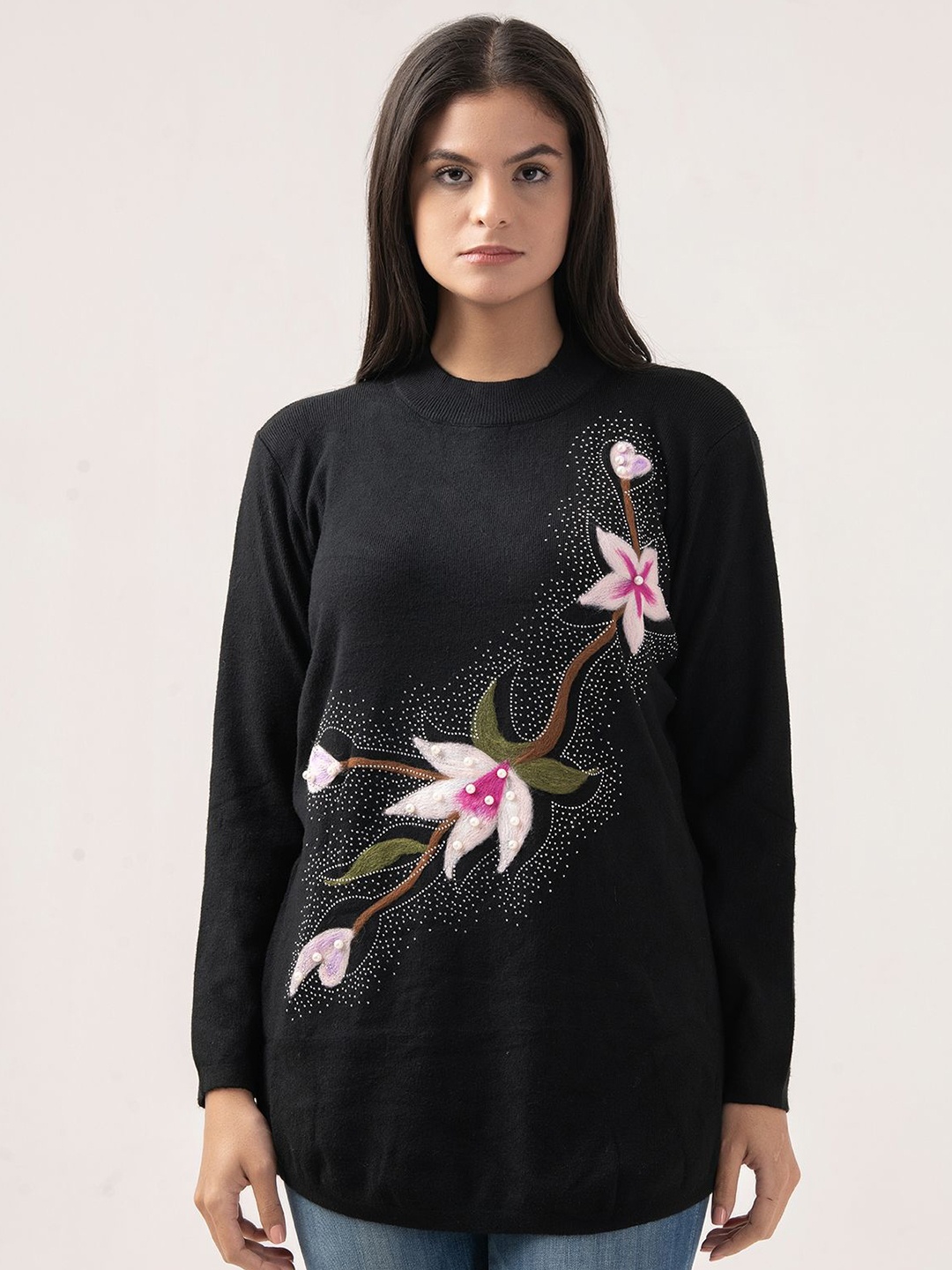 

Albion By CnM Women Floral Embroidered Pullover Sweaters, Black