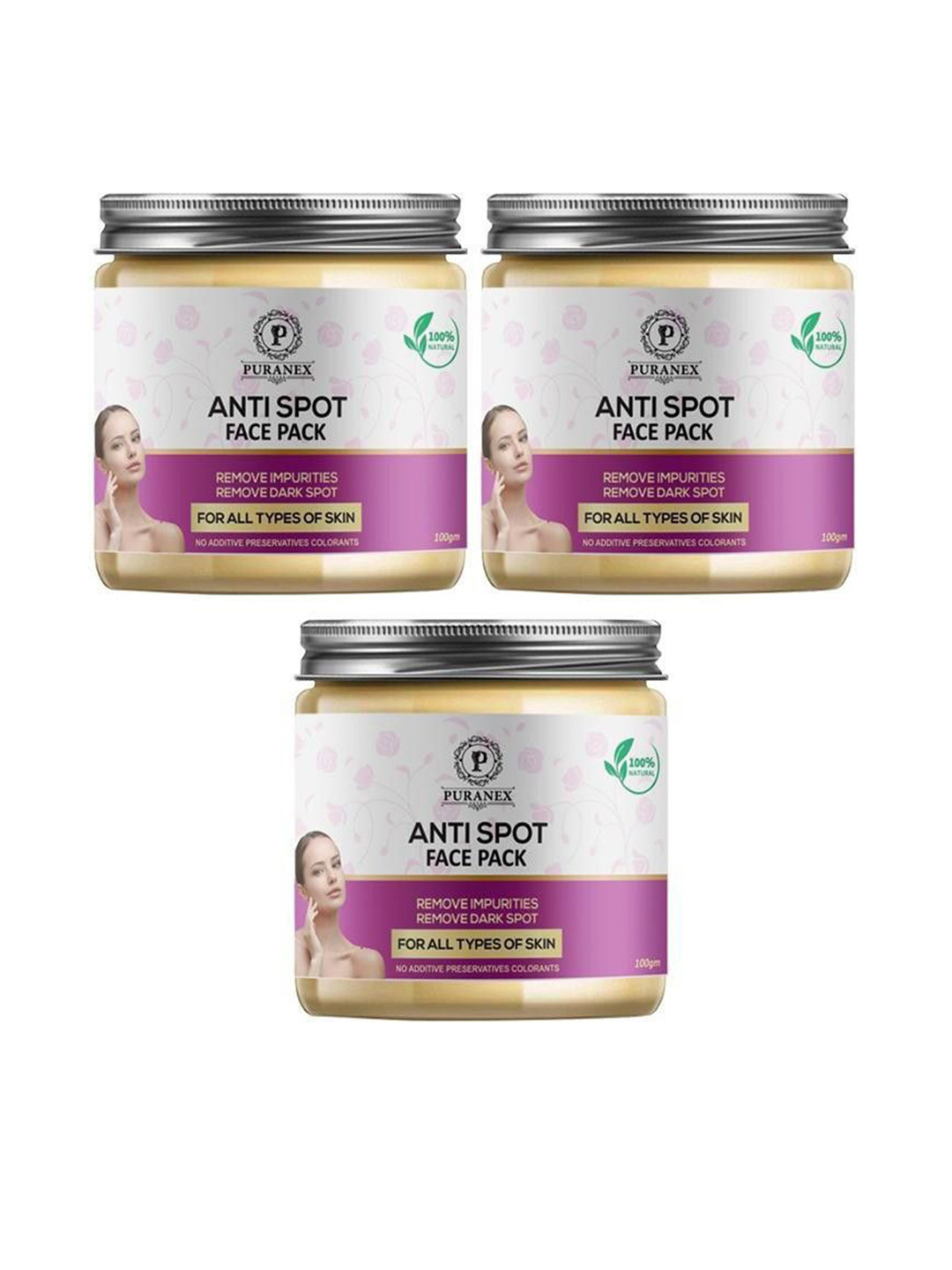 

Puranex Set Of 3 100% Natural & Pure Anti Spot Face Pack Powder - 100 g Each, White