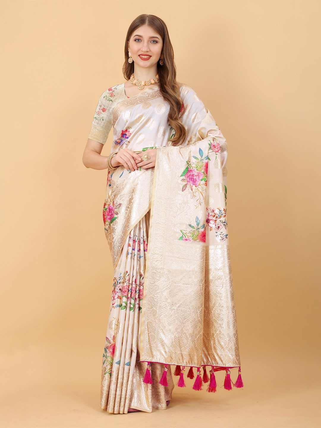 

Anaita Ethnic Motifs Zari Silk Blend Banarasi Saree, Cream